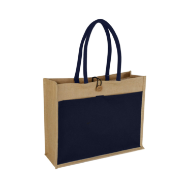 Jute Bag with Cotton Pocket - Blue