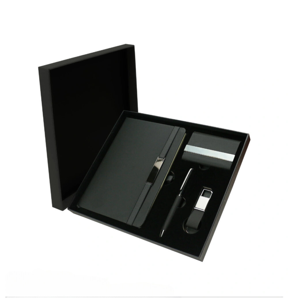 Set of PU Leather Notebook, Pen, Card Holder and Keychain - Black