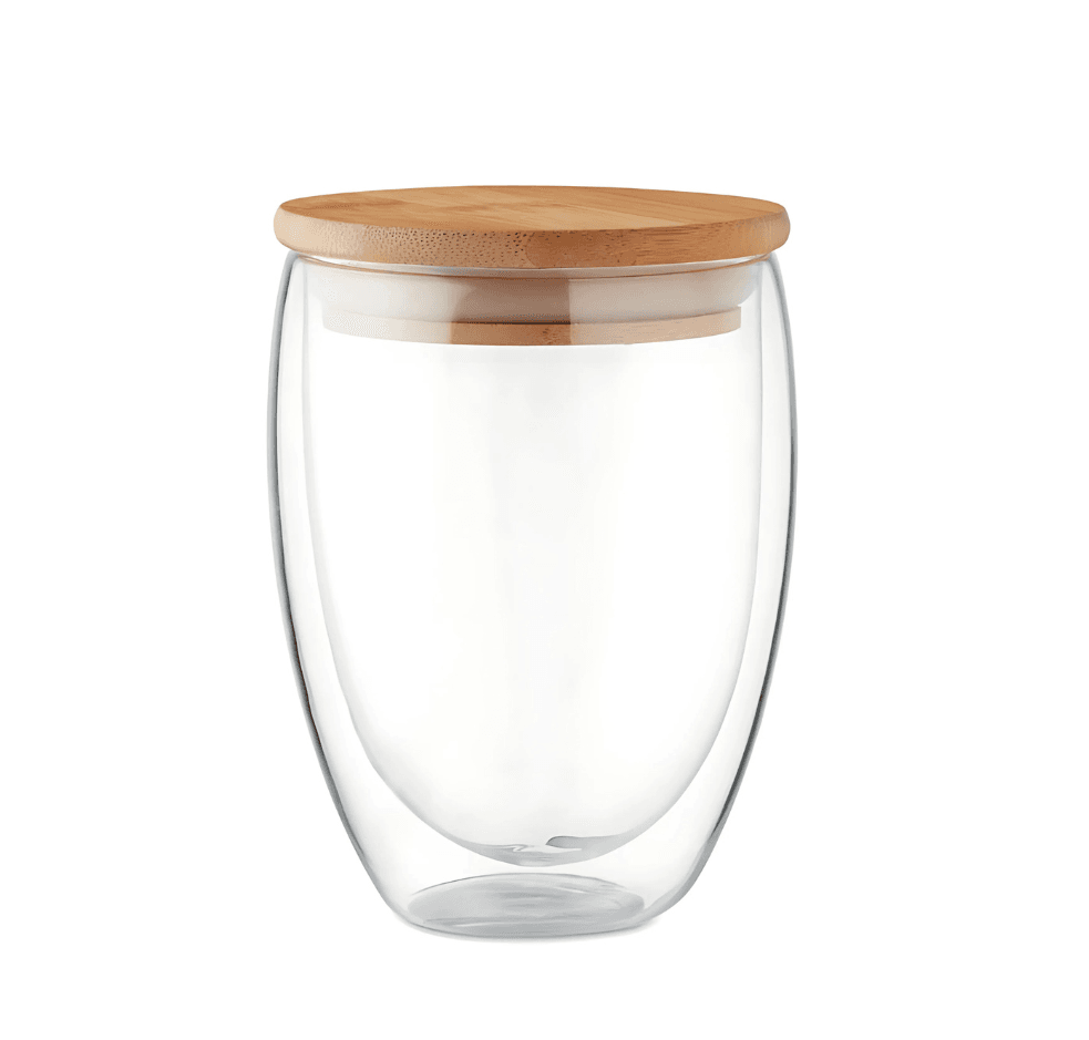 Double Wall Glass Mug with Bamboo Lid - 350ml